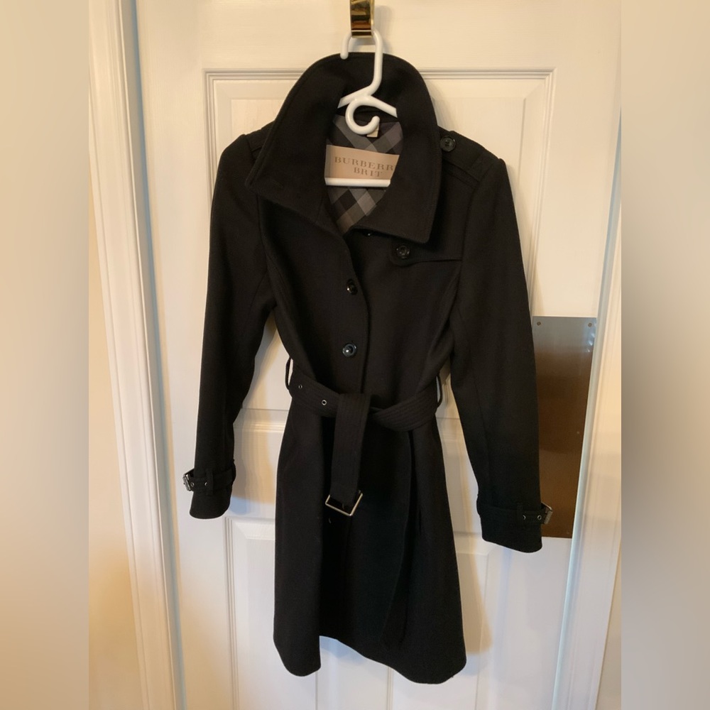 Burberry Black Wool Belted Trench Coat